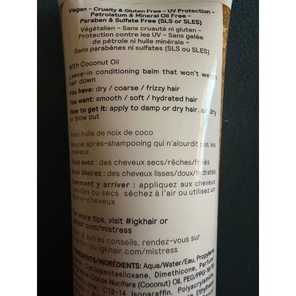 IGK Mistress Hydrating Hair Balm 5 oz 145 mL New No Foil Seal Coconut Oil